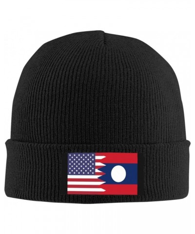 America Laos Friendship Flag Cozy Knitted Beanie Hat - Stylish Winter Headwear Acrylic Ideal for All Ages Black $11.06 Skulli...