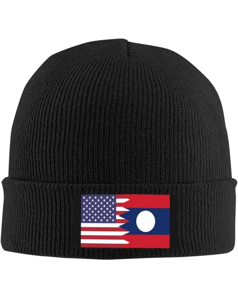 America Laos Friendship Flag Cozy Knitted Beanie Hat - Stylish Winter Headwear Acrylic Ideal for All Ages Black $11.06 Skulli...