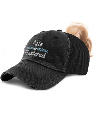 Womens Ponytail Cap Pale & Plastered Cotton Distressed Trucker Hats Black $16.79 Baseball Caps