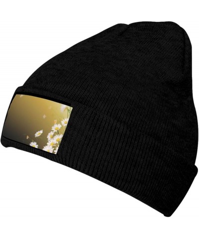 Beanie Hats for Women Men Knit Hat Chamomile Flowers Print Beanies Cap Fashion Cuffed Sports Hat Black $10.83 Skullies & Beanies