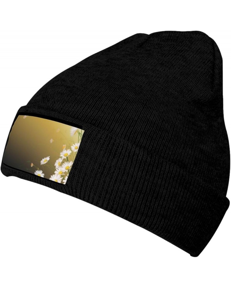 Beanie Hats for Women Men Knit Hat Chamomile Flowers Print Beanies Cap Fashion Cuffed Sports Hat Black $10.83 Skullies & Beanies