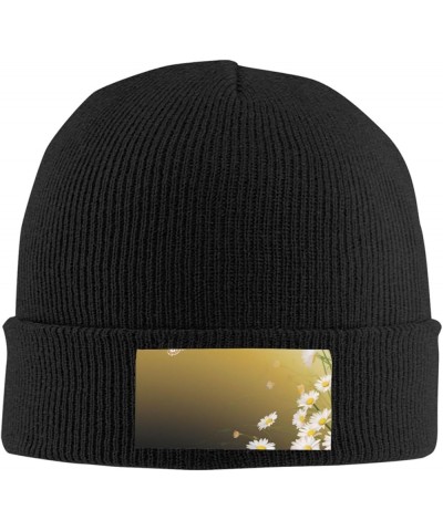 Beanie Hats for Women Men Knit Hat Chamomile Flowers Print Beanies Cap Fashion Cuffed Sports Hat Black $10.83 Skullies & Beanies