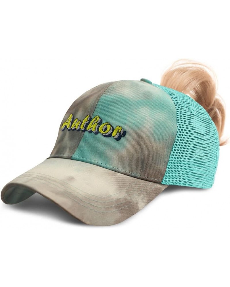 Custom Womens Ponytail Cap Author Book Cotton Reading Distressed Trucker Hat Tie Dye Aqua Design Only $15.07 Baseball Caps