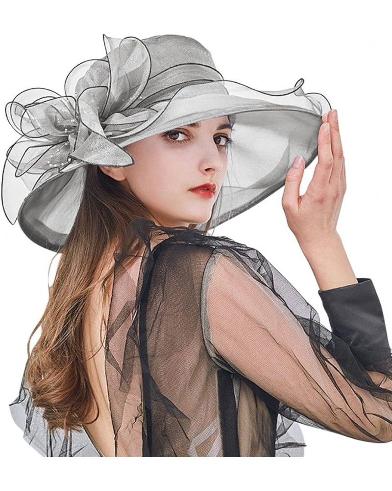 Wide Brim Church Fascinators Dress Hats for Women Tea Party Derby Ladies Hats with Floral Wedding F2-grey $9.43 Sun Hats